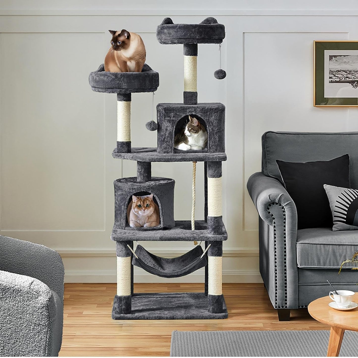 Yaheetech 62.5In Tall Cat Tree W/2 Cat-Ear Perches & 2 Condos, Dark Gray | Multi-Level Cat Tower with Scratching Posts, Hammock, Sturdy 24 X 19In Base and 88 Lb Capacity for Medium & Large Indoor Cats