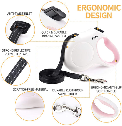 Retractable Dog Leash with Dispenser and Poop Bags, 10Ft, White & Pink | Pet Walking Leash for X-Small Dog or Cat up to 18 Lbs, Anti-Slip Handle, Tangle Free, Reflective Nylon Tape