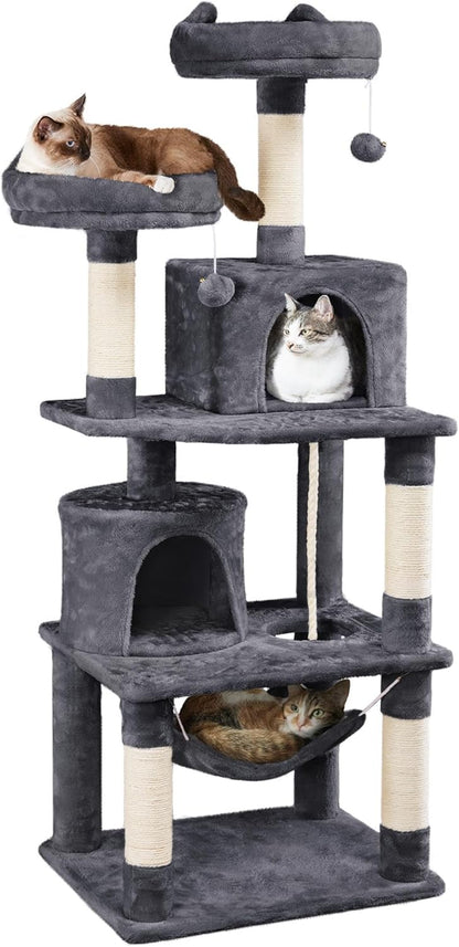 Yaheetech 62.5In Tall Cat Tree W/2 Cat-Ear Perches & 2 Condos, Dark Gray | Multi-Level Cat Tower with Scratching Posts, Hammock, Sturdy 24 X 19In Base and 88 Lb Capacity for Medium & Large Indoor Cats