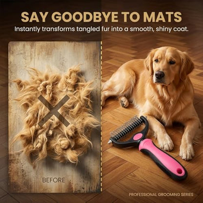 Dematting Comb for Dogs and Cats, Undercoat Rake Pet Brush for Long Hair, Deshedding Dog Brush Removes Tangles Knots and Loose Fur, Grooming Tool for Thick Coats (Pink M)